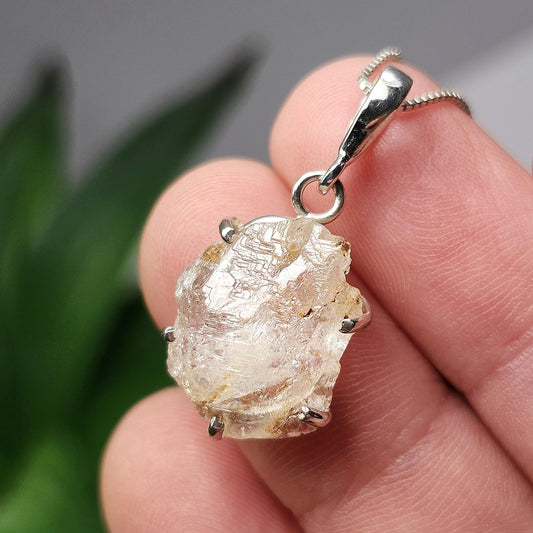 Etched Phenacite Pendant, Nigerian Phenakite Crystal Sterling Silver Necklace