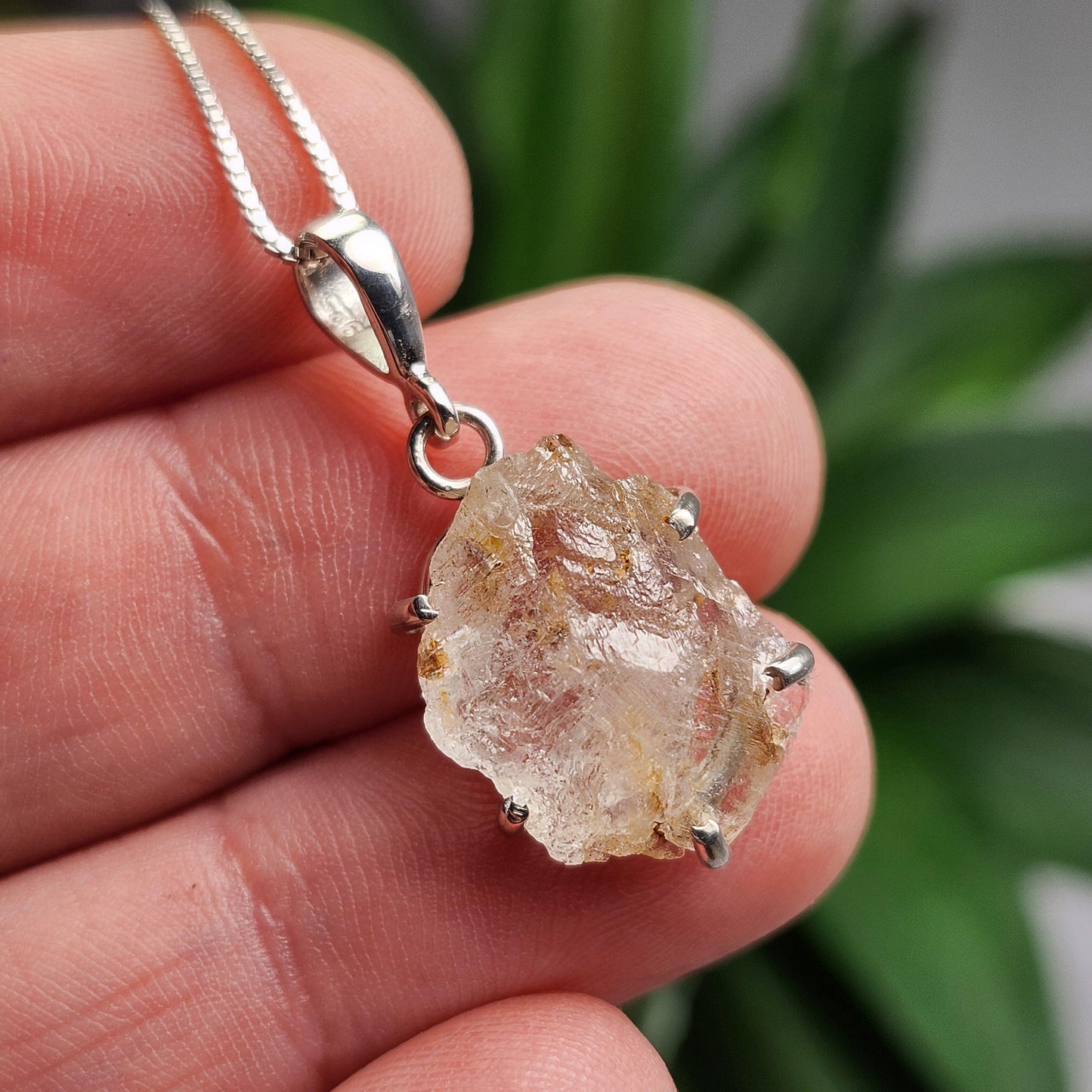 Etched Phenacite Pendant, Nigerian Phenakite Crystal Sterling Silver Necklace