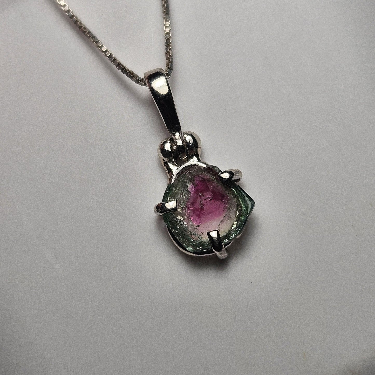 Watermelon Tourmaline Slice Pendant, Sterling Silver Tourmaline Necklace