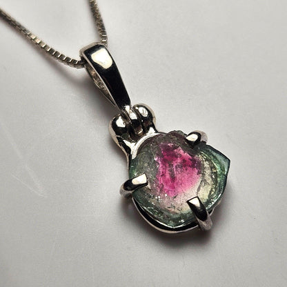 Watermelon Tourmaline Slice Pendant, Sterling Silver Tourmaline Necklace