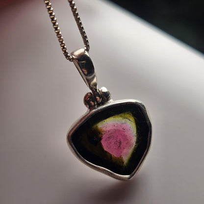Watermelon Tourmaline Slice Pendant, Sterling Silver Tourmaline Pink & Green Necklace
