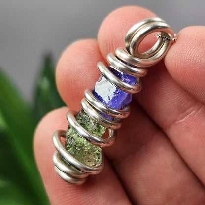 Moldavite & Tanzanite Pendant, Sterling Silver Authentic Moldavite Necklace