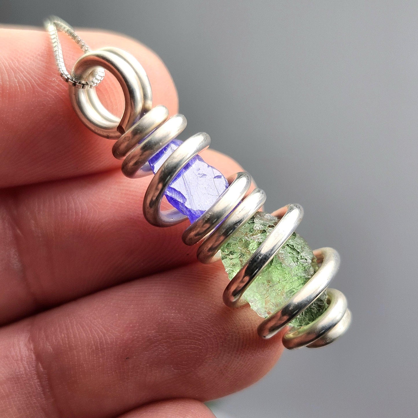 Moldavite & Tanzanite Pendant, Sterling Silver Authentic Moldavite Necklace