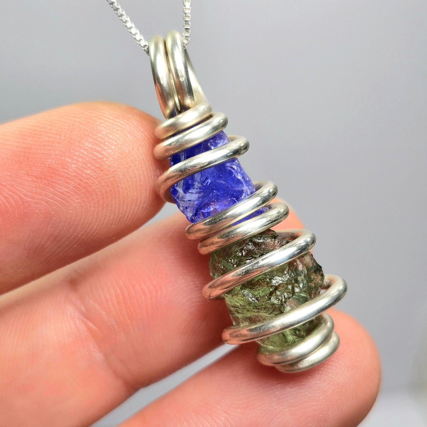 Moldavite & Tanzanite Pendant, Sterling Silver Authentic Moldavite Necklace