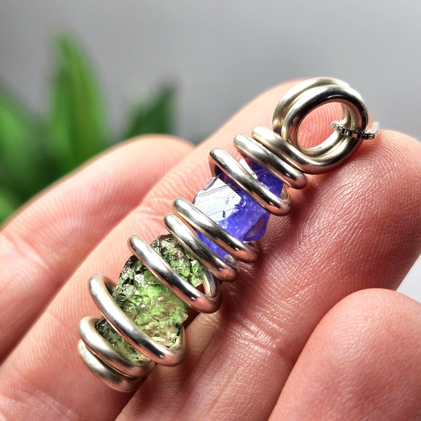 Moldavite & Tanzanite Pendant, Sterling Silver Authentic Moldavite Necklace