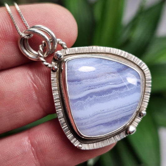 Blue Lace Agate Pendant, Sterling Silver Blue Chalcedony Necklace