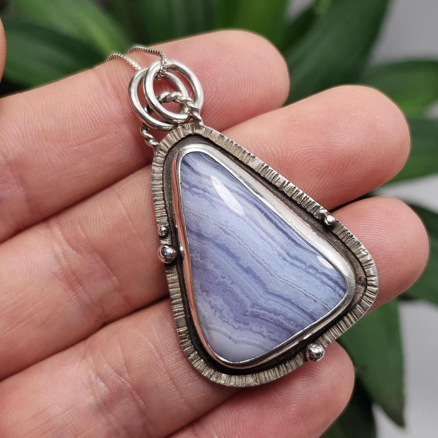 Blue Lace Agate Pendant, Sterling Silver Blue Chalcedony Necklace