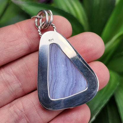 Blue Lace Agate Pendant, Sterling Silver Blue Chalcedony Necklace