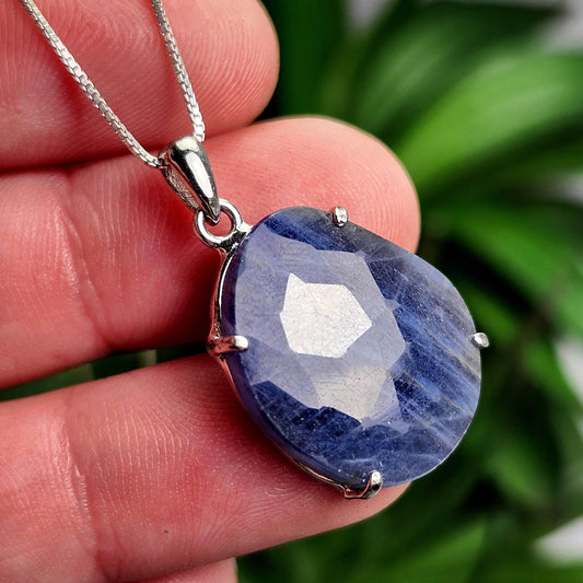 Blue Sapphire Pendant, Faceted Sapphire Sterling Silver Necklace