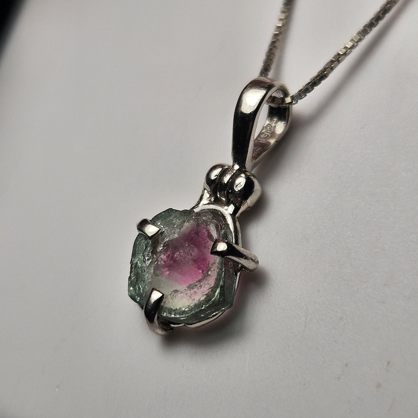 Watermelon Tourmaline Slice Pendant, Sterling Silver Tourmaline Necklace