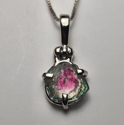 Watermelon Tourmaline Slice Pendant, Sterling Silver Tourmaline Necklace