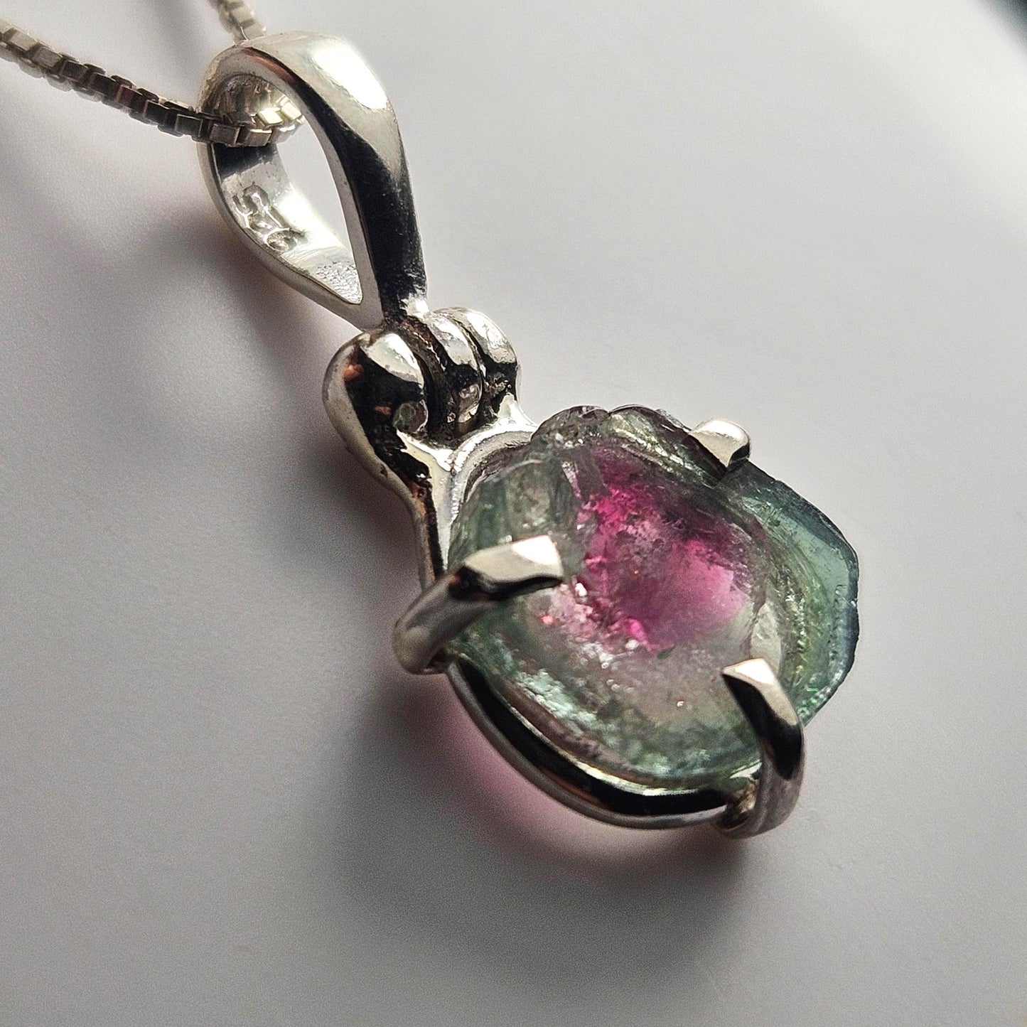 Watermelon Tourmaline Slice Pendant, Sterling Silver Tourmaline Necklace