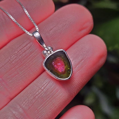 Watermelon Tourmaline Slice Pendant, Sterling Silver Tourmaline Necklace