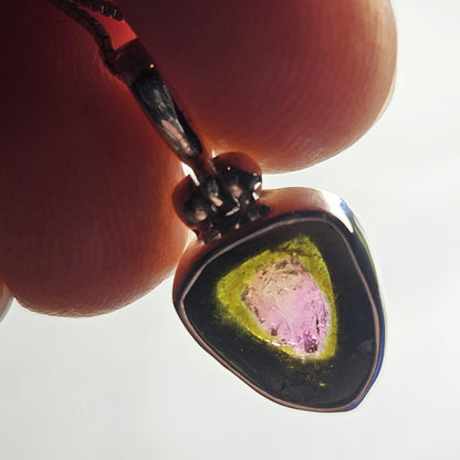 Watermelon Tourmaline Slice Pendant, Sterling Silver Tourmaline Necklace