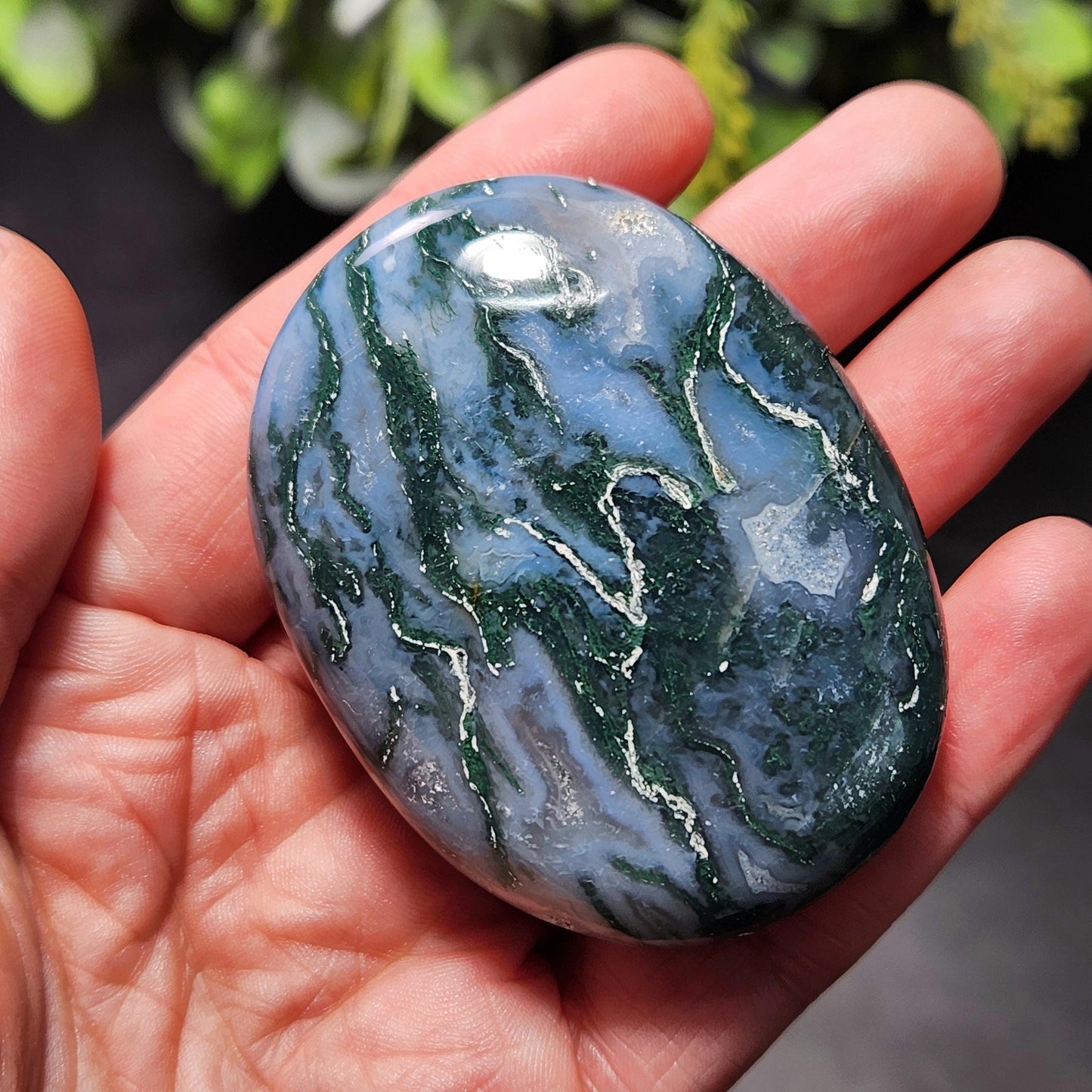 Moss Agate Palm Stone, Polished Moss Agate Crystal Specimen