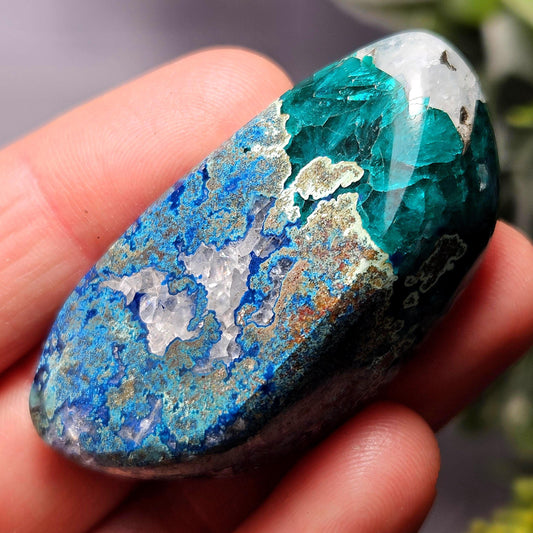 Polished Dioptase, Shattuckite & Chrysocolla in Quartz Crystal 24.54g, Congo Dioptase Specimen