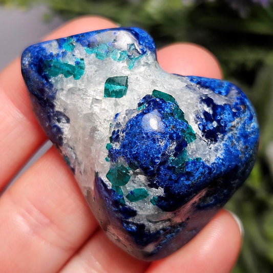 Polished Dioptase & Azurite in Quartz Crystal 41.57g, Congo Dioptase Specimen