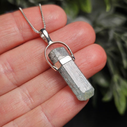 Aquamarine Crystal Pendant, Raw Blue Nigerian Aquamarine Sterling Silver Necklace