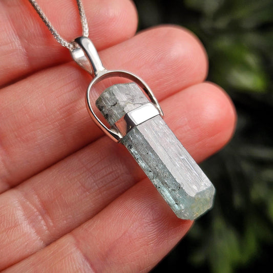 Aquamarine Crystal Pendant, Raw Blue Nigerian Aquamarine Sterling Silver Necklace