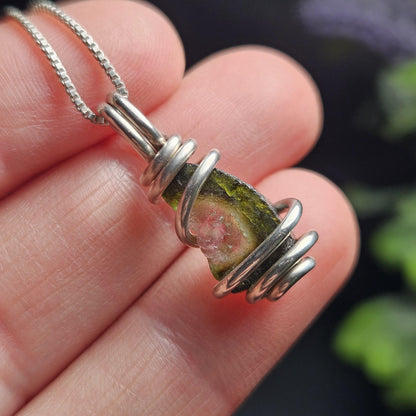 Watermelon Tourmaline Pendant, Sterling Silver Tourmaline Necklace, Pink & Green Raw Crystal
