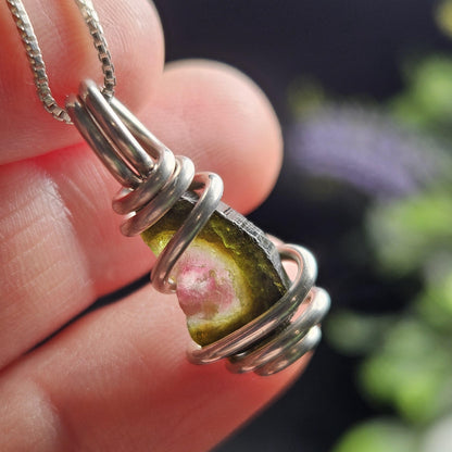 Watermelon Tourmaline Pendant, Sterling Silver Tourmaline Necklace, Pink & Green Raw Crystal