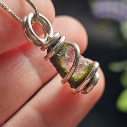Watermelon Tourmaline Pendant, Sterling Silver Tourmaline Necklace, Pink & Green Raw Crystal