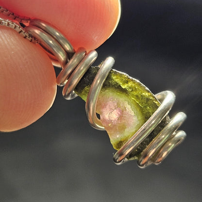 Watermelon Tourmaline Pendant, Sterling Silver Tourmaline Necklace, Pink & Green Raw Crystal