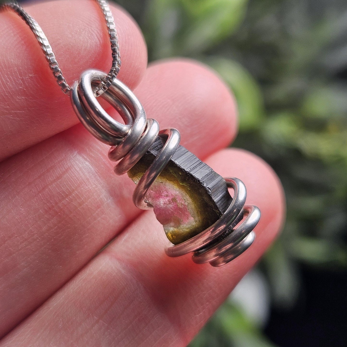Watermelon Tourmaline Pendant, Sterling Silver Tourmaline Necklace, Pink & Green Raw Crystal