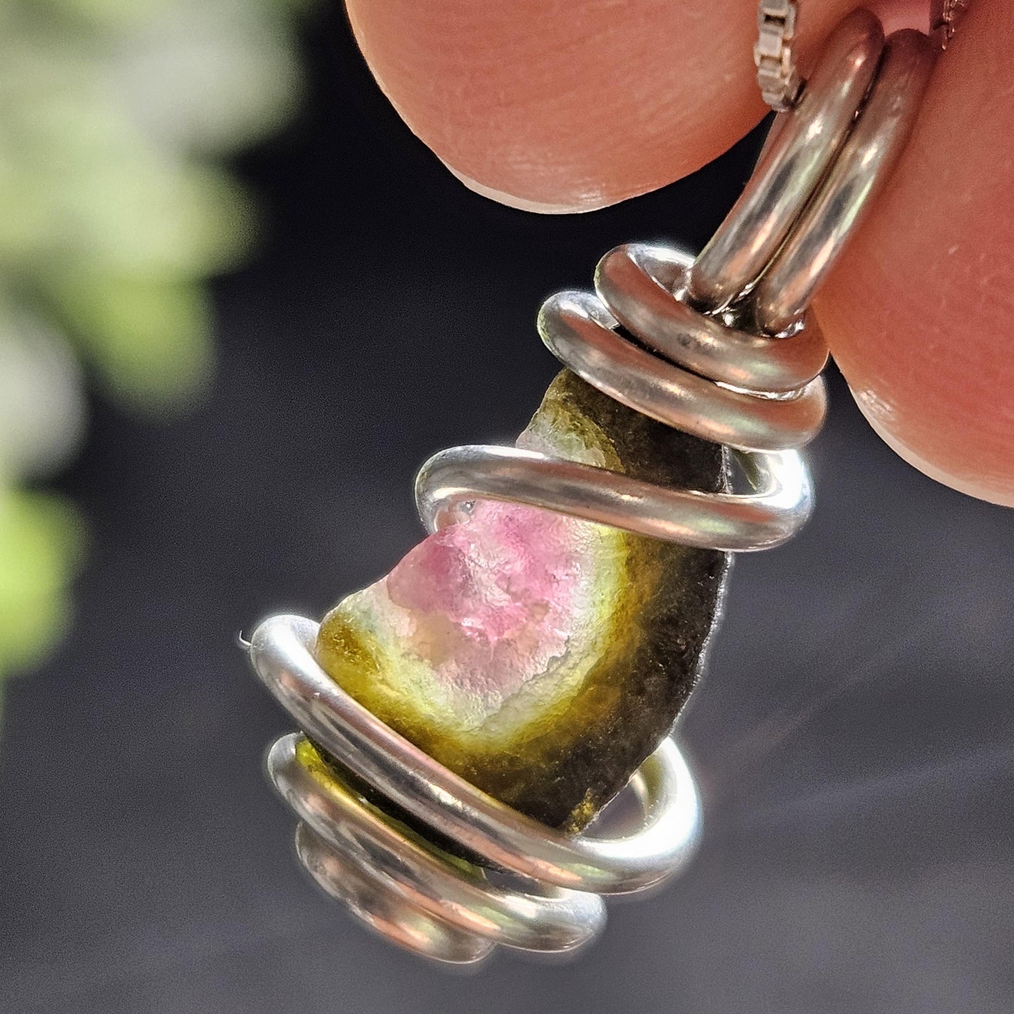 Watermelon Tourmaline Pendant, Sterling Silver Tourmaline Necklace, Pink & Green Raw Crystal