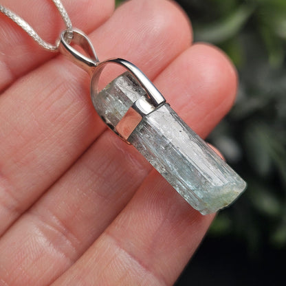 Aquamarine Crystal Pendant, Raw Blue Nigerian Aquamarine Sterling Silver Necklace