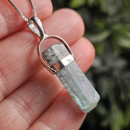 Aquamarine Crystal Pendant, Raw Blue Nigerian Aquamarine Sterling Silver Necklace