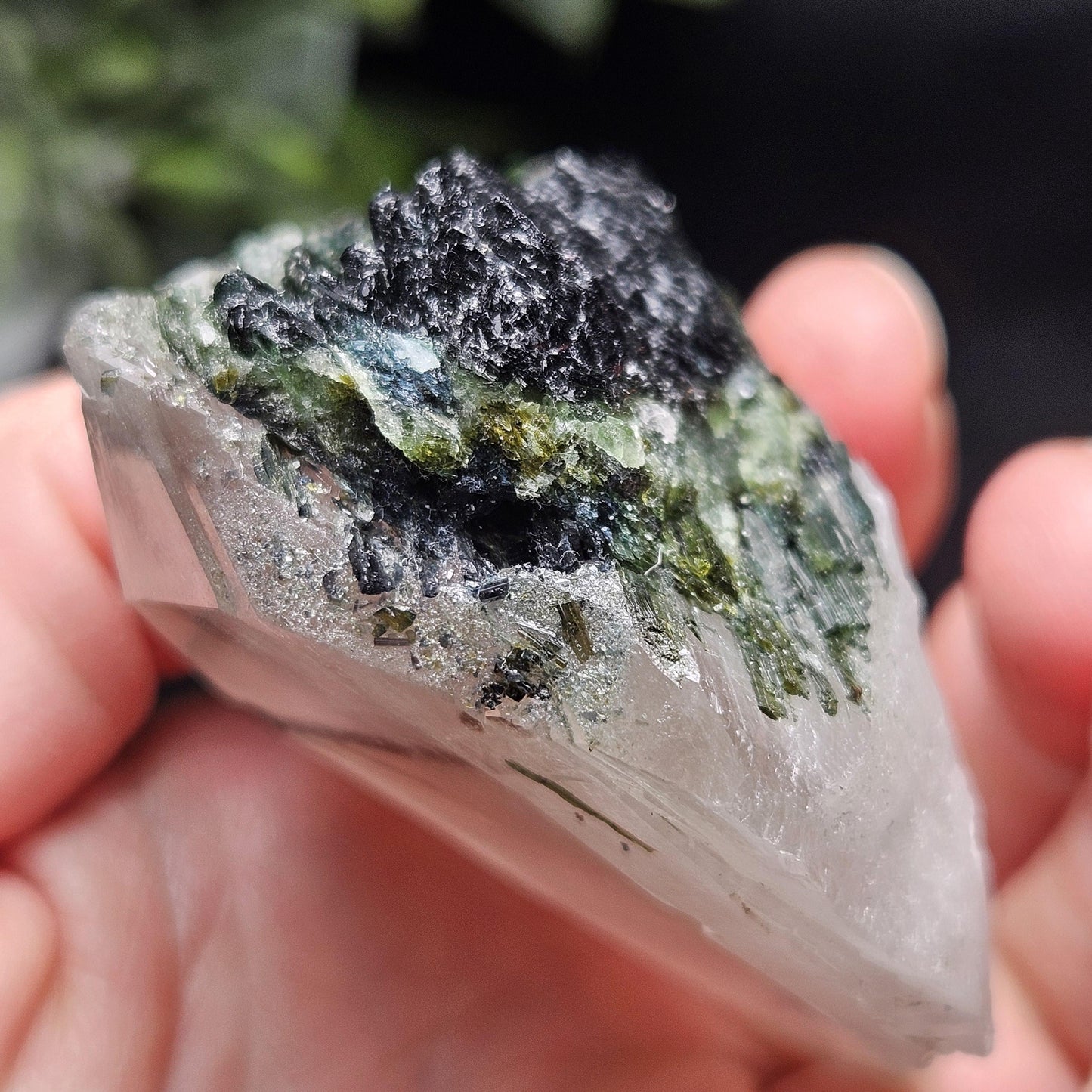 Green Tourmaline in Quartz Crystal 113.89g, Brazilian Quartz with Tourmaline, Green Tourmaline Specimen, Tourmaline Crystal