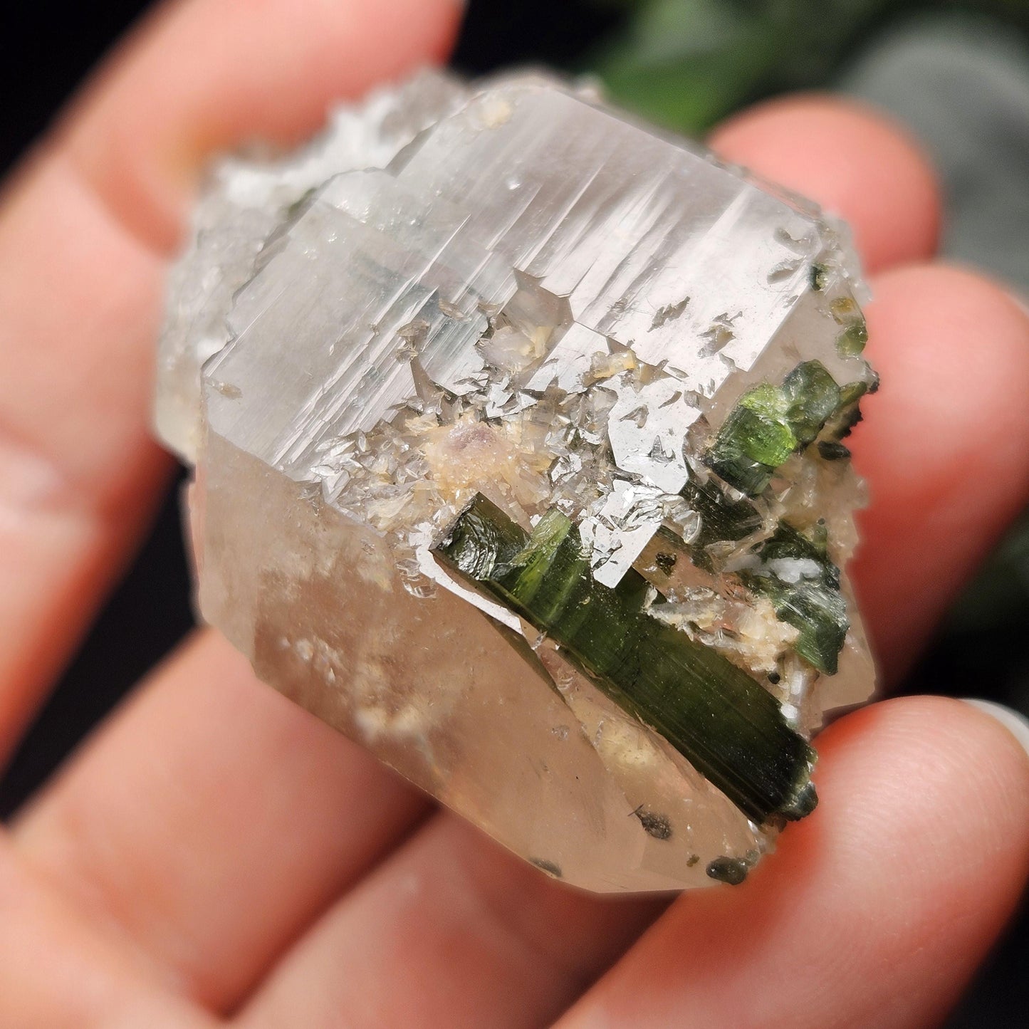 Green Tourmaline in Elestial Quartz Crystal 45g, Brazilian Quartz with Tourmaline, Green Tourmaline Specimen, Tourmaline in Quartz Crystal