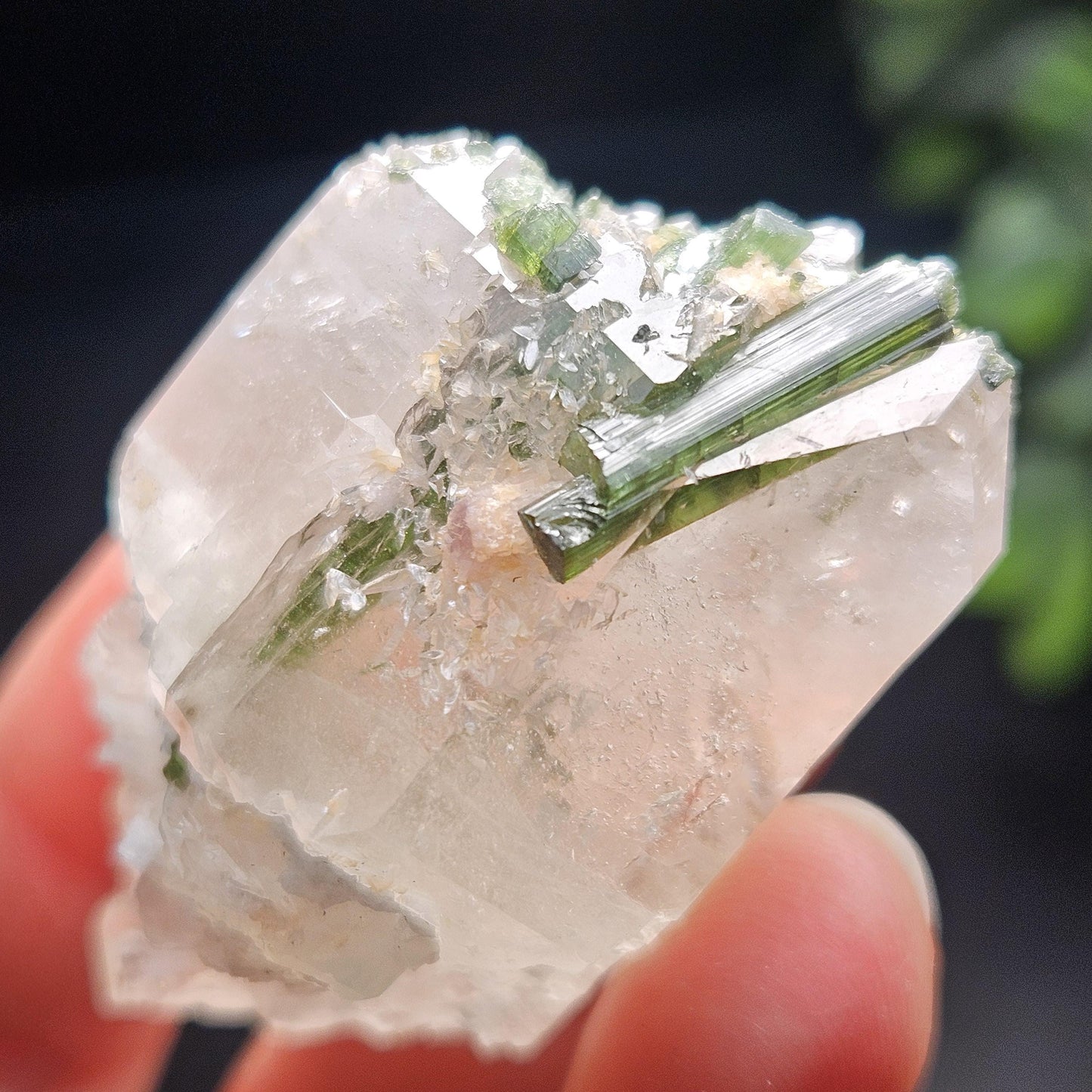 Green Tourmaline in Elestial Quartz Crystal 45g, Brazilian Quartz with Tourmaline, Green Tourmaline Specimen, Tourmaline in Quartz Crystal
