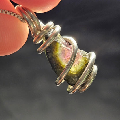 Watermelon Tourmaline Pendant, Sterling Silver Tourmaline Necklace, Pink & Green Raw Crystal