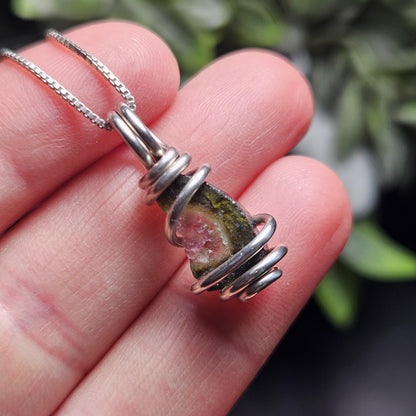 Watermelon Tourmaline Pendant, Sterling Silver Tourmaline Necklace, Pink & Green Raw Crystal