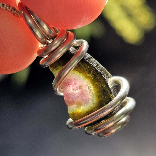 Watermelon Tourmaline Pendant, Sterling Silver Tourmaline Necklace, Pink & Green Raw Crystal