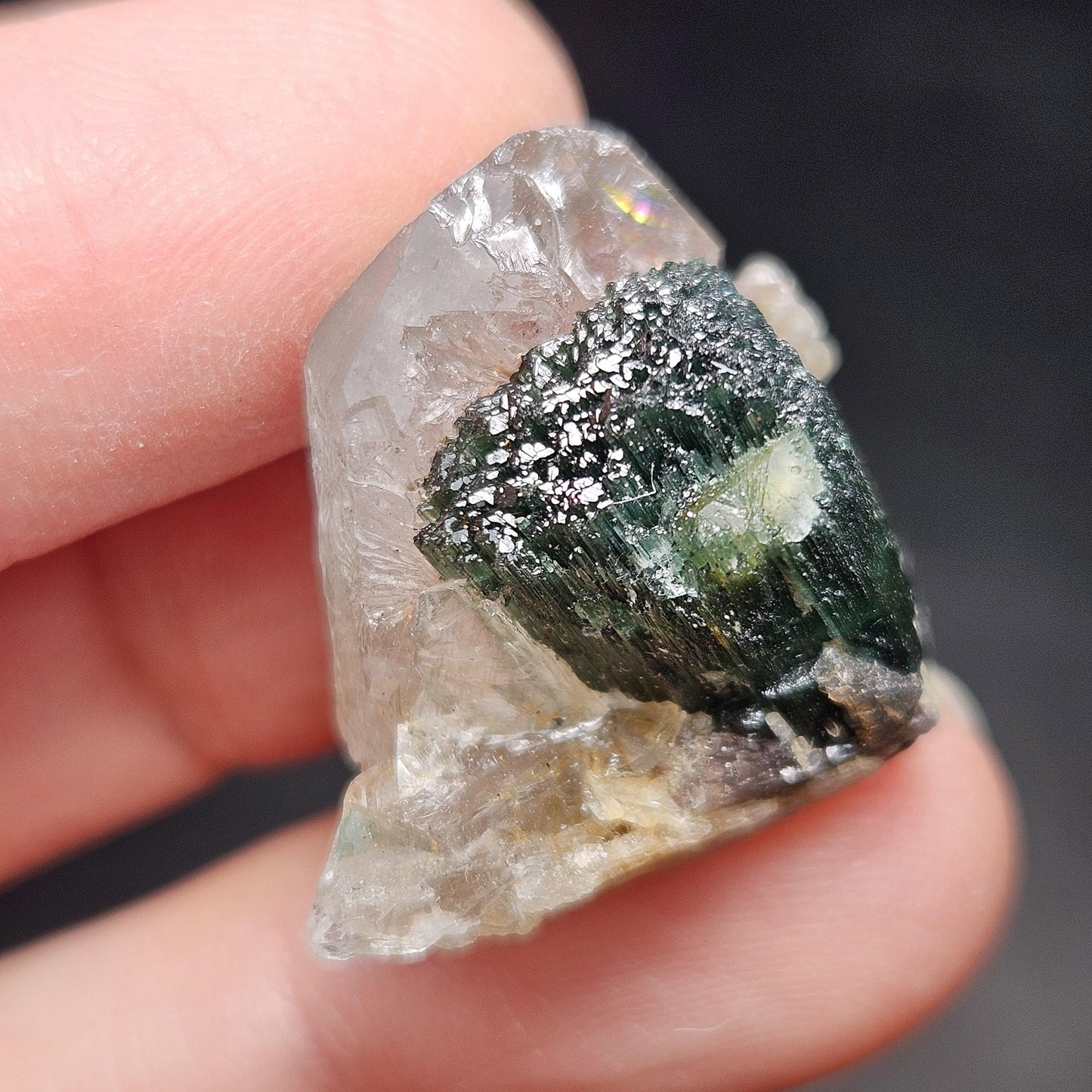 Green Tourmaline on Quartz Crystal 7.94g, Terminated Specimen from Brazil, Teal Blue Tourmaline and Quartz