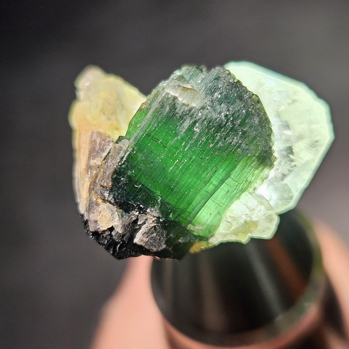 Green Tourmaline on Quartz Crystal 7.94g, Terminated Specimen from Brazil, Teal Blue Tourmaline and Quartz