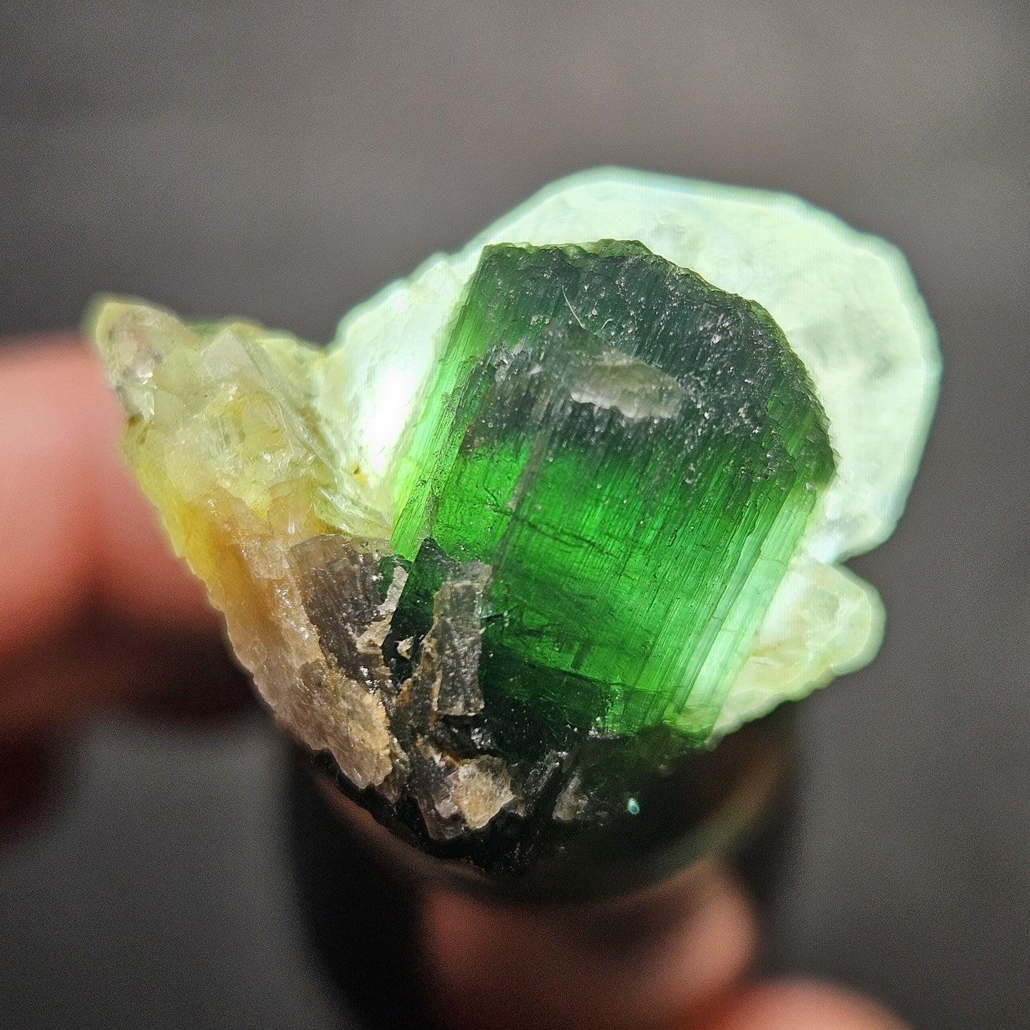 Green Tourmaline on Quartz Crystal 7.94g, Terminated Specimen from Brazil, Teal Blue Tourmaline and Quartz