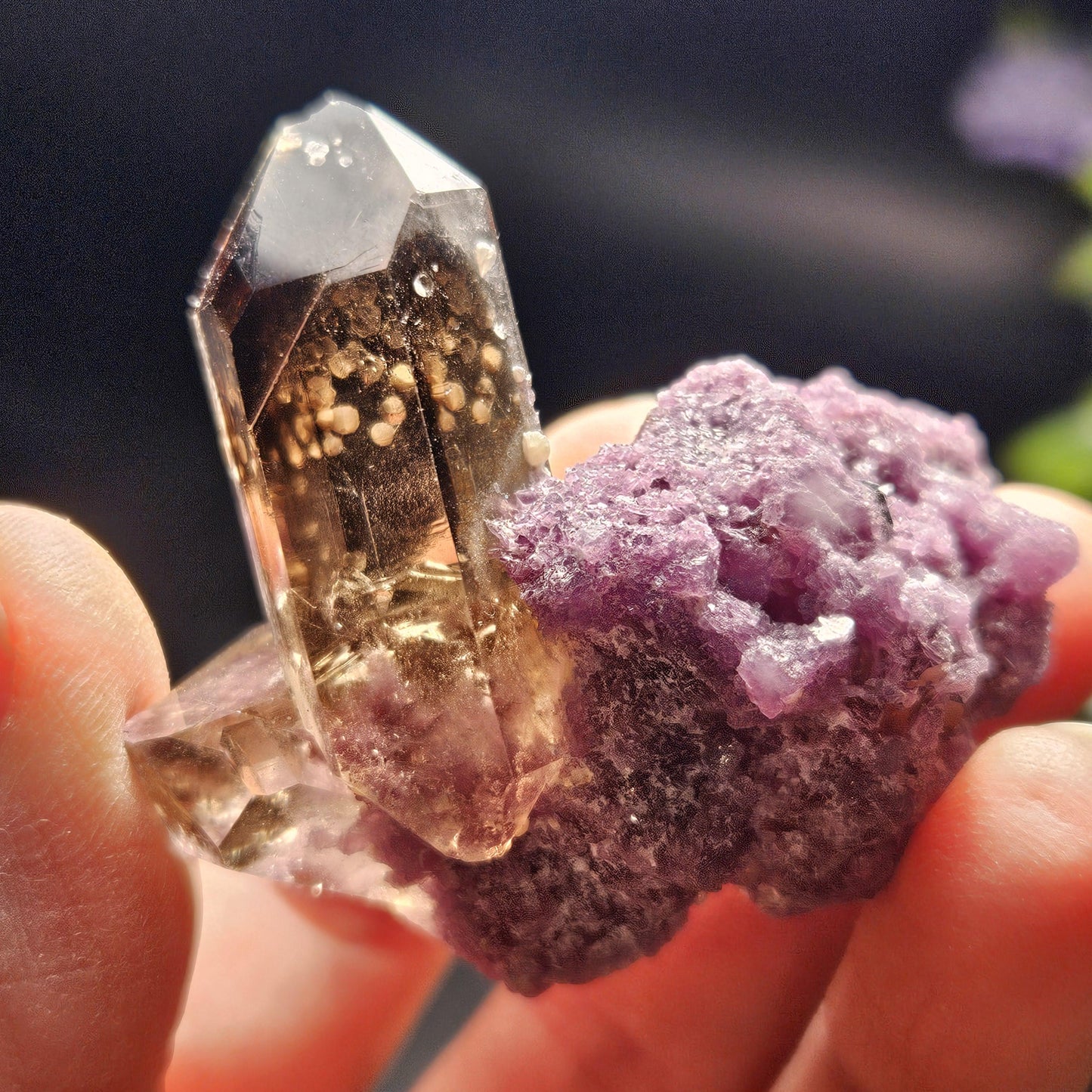 Smoky Quartz on Lepidolite Crystal Specimen from Brazil 51.0g, Smoky Crystal Point, Lepidolite Cluster, Terminated Smoky Quartz