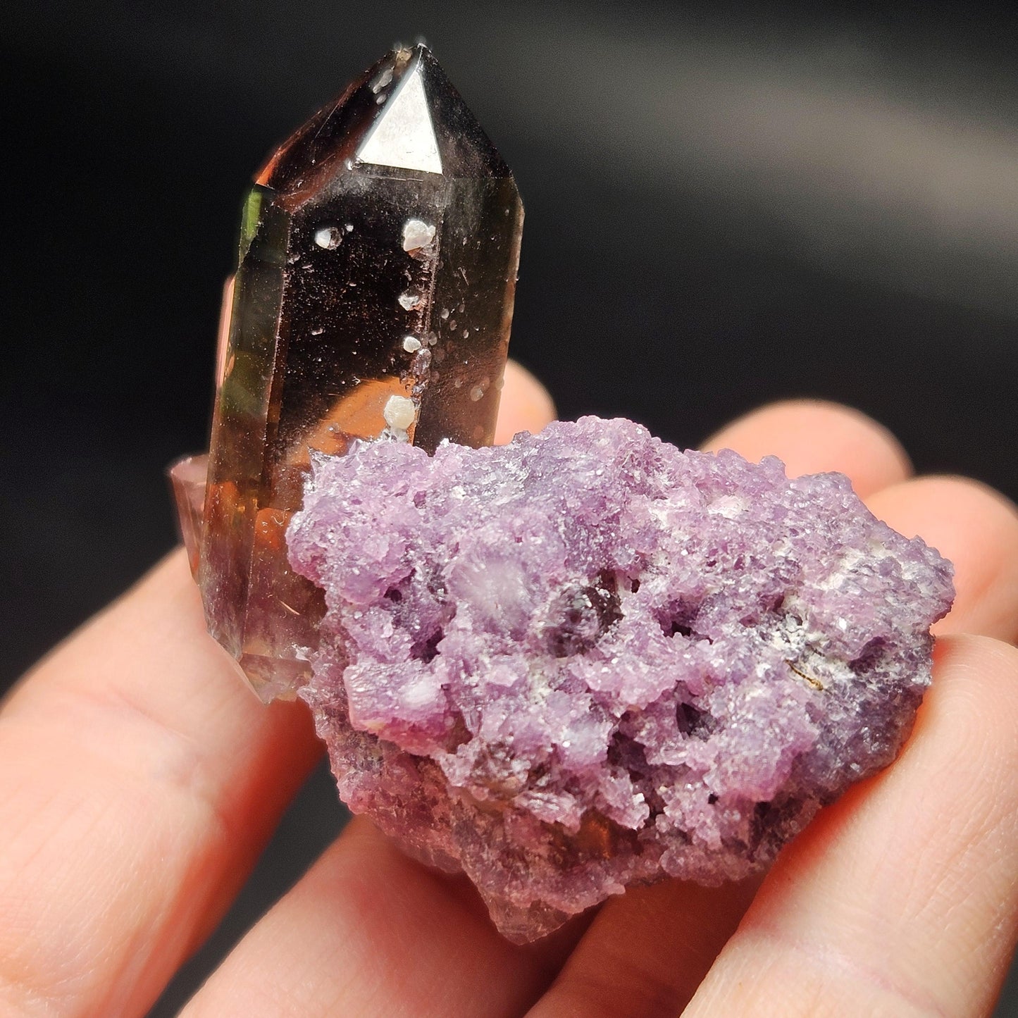 Smoky Quartz on Lepidolite Crystal Specimen from Brazil 51.0g, Smoky Crystal Point, Lepidolite Cluster, Terminated Smoky Quartz