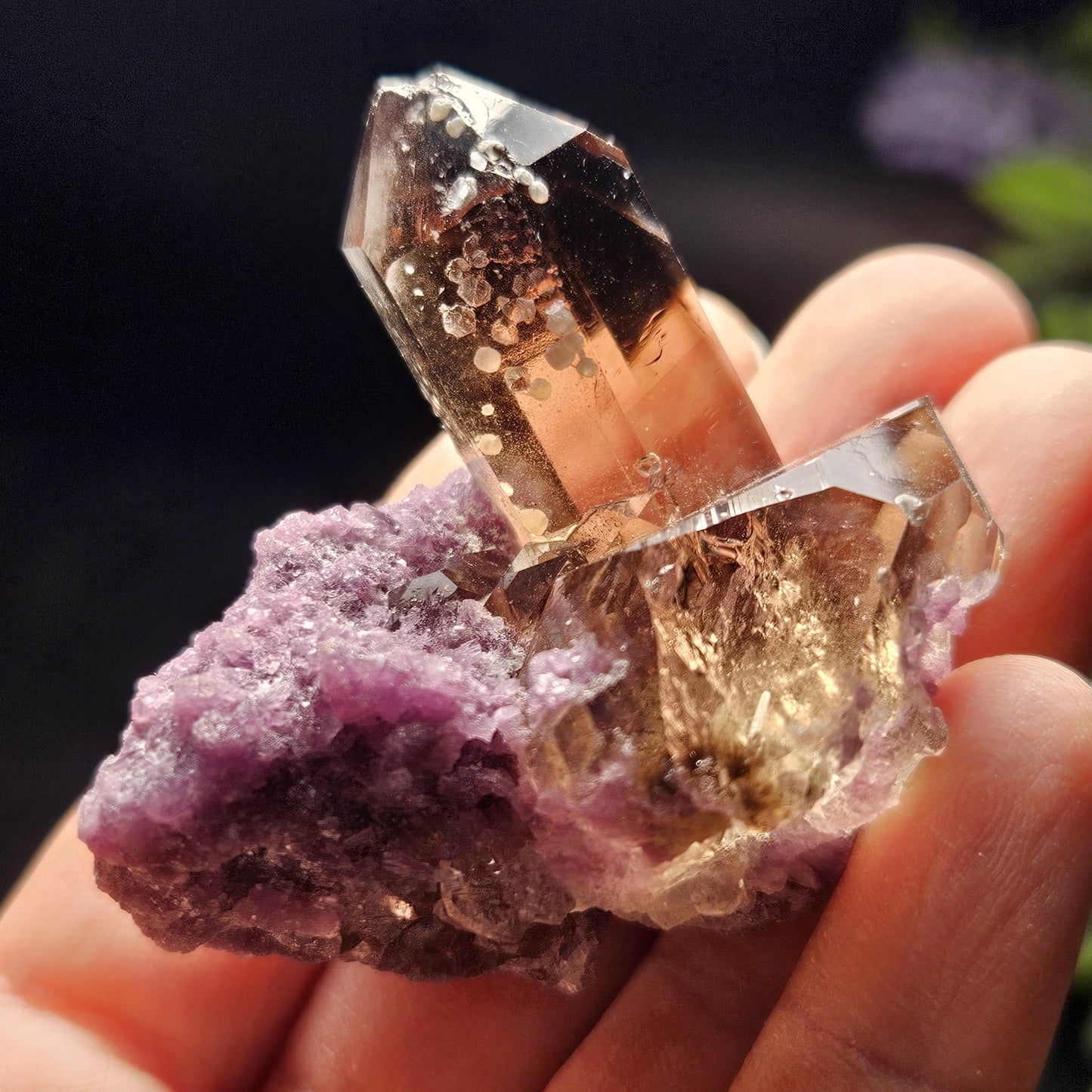 Smoky Quartz on Lepidolite Crystal Specimen from Brazil 51.0g, Smoky Crystal Point, Lepidolite Cluster, Terminated Smoky Quartz