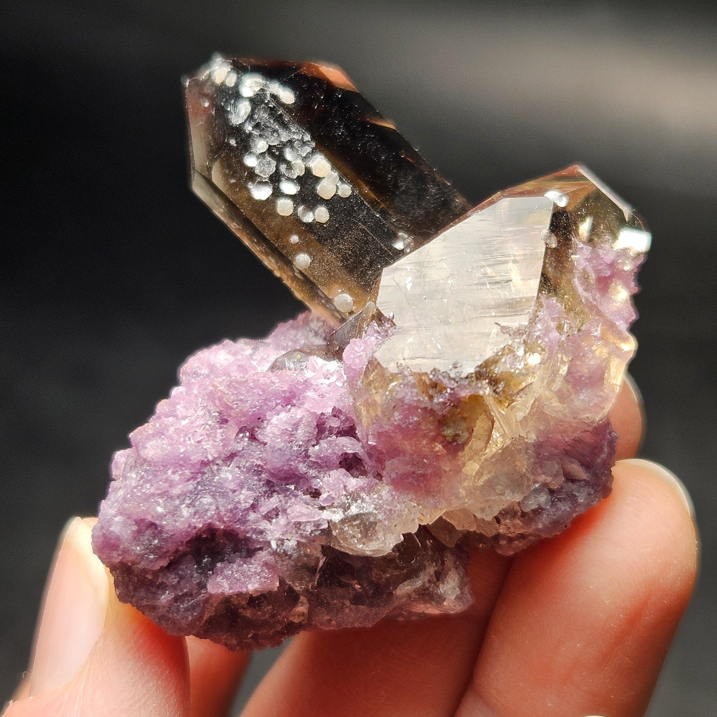 Smoky Quartz on Lepidolite Crystal Specimen from Brazil 51.0g, Smoky Crystal Point, Lepidolite Cluster, Terminated Smoky Quartz