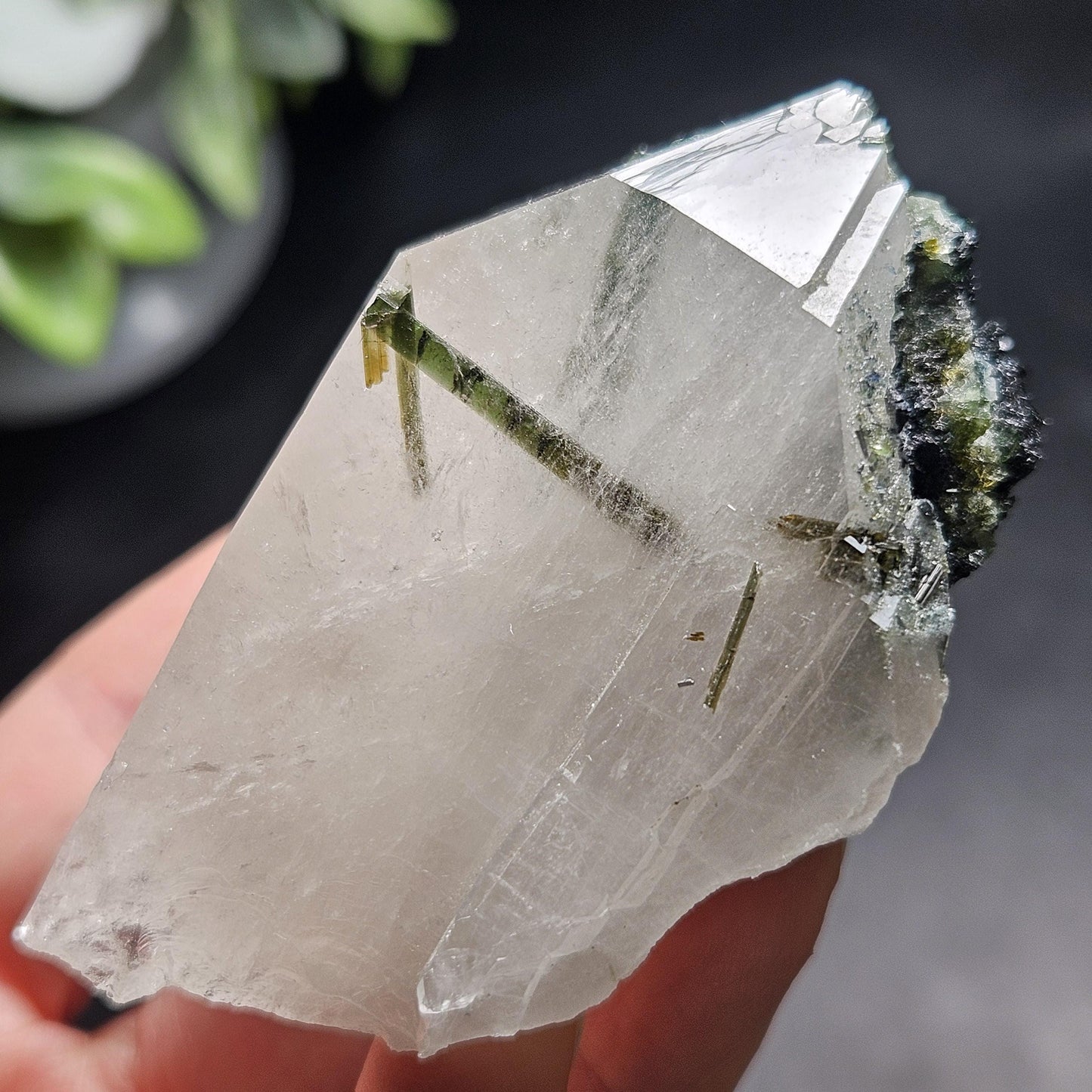 Green Tourmaline in Quartz Crystal 113.89g, Brazilian Quartz with Tourmaline, Green Tourmaline Specimen, Tourmaline Crystal