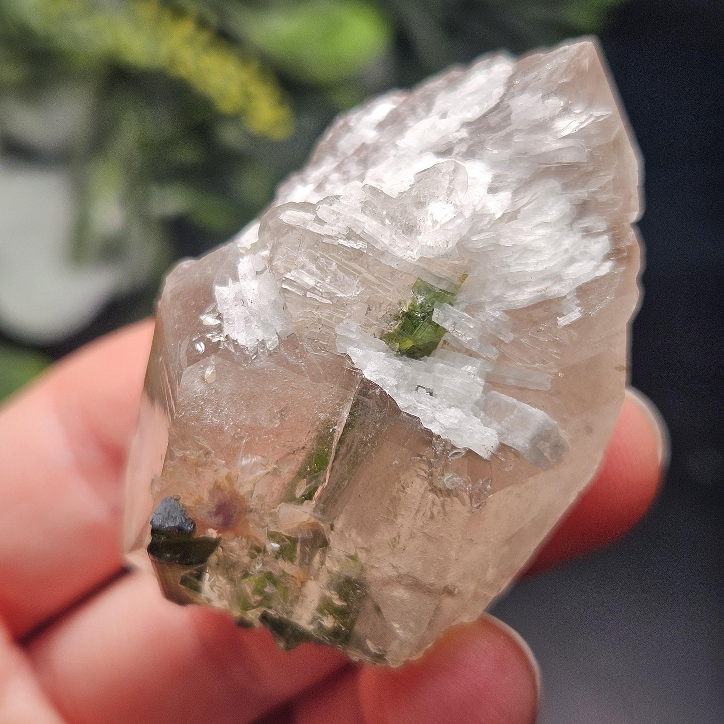 Green Tourmaline in Elestial Quartz Crystal 45g, Brazilian Quartz with Tourmaline, Green Tourmaline Specimen, Tourmaline in Quartz Crystal