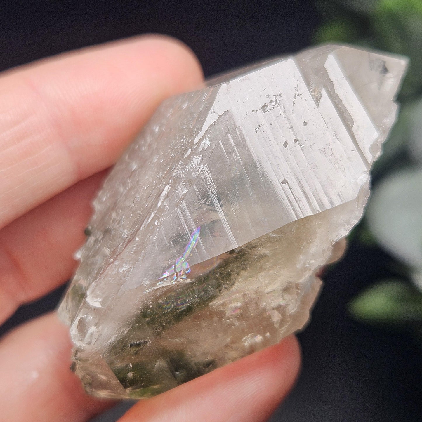 Green Tourmaline in Elestial Quartz Crystal 45g, Brazilian Quartz with Tourmaline, Green Tourmaline Specimen, Tourmaline in Quartz Crystal