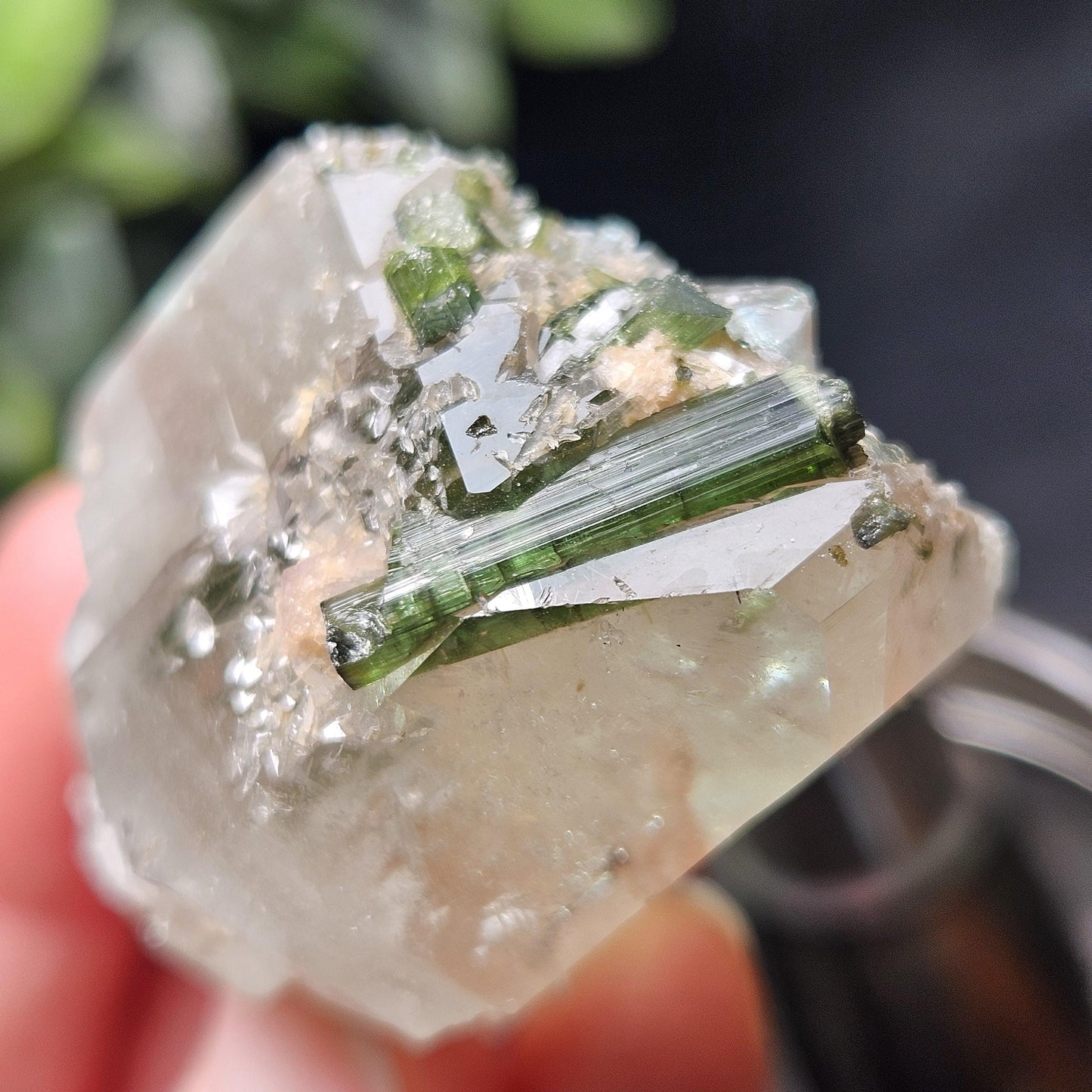 Green Tourmaline in Elestial Quartz Crystal 45g, Brazilian Quartz with Tourmaline, Green Tourmaline Specimen, Tourmaline in Quartz Crystal