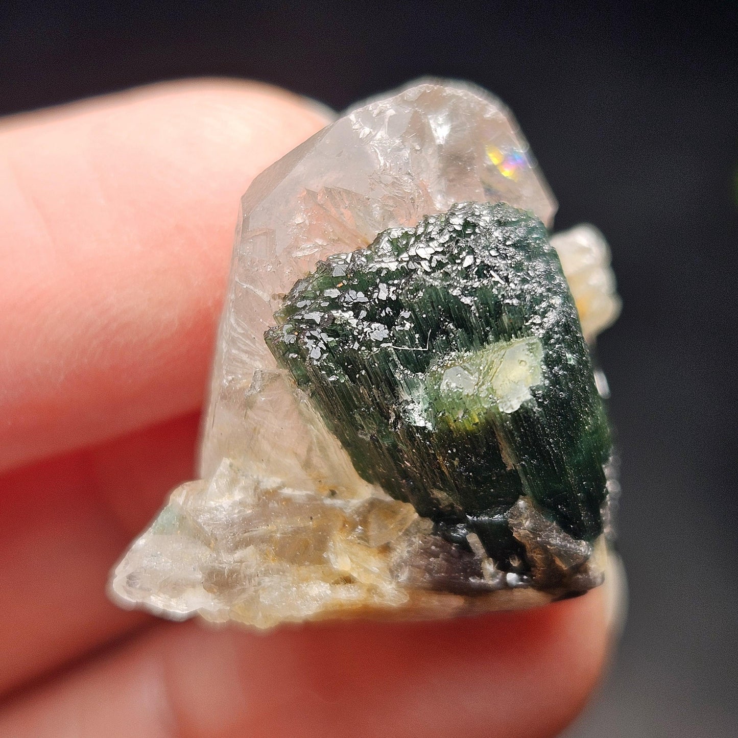 Green Tourmaline on Quartz Crystal 7.94g, Terminated Specimen from Brazil, Teal Blue Tourmaline and Quartz