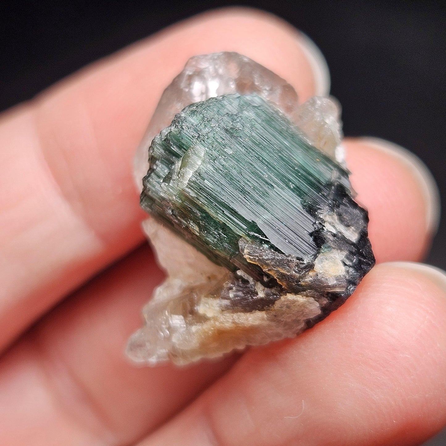 Green Tourmaline on Quartz Crystal 7.94g, Terminated Specimen from Brazil, Teal Blue Tourmaline and Quartz